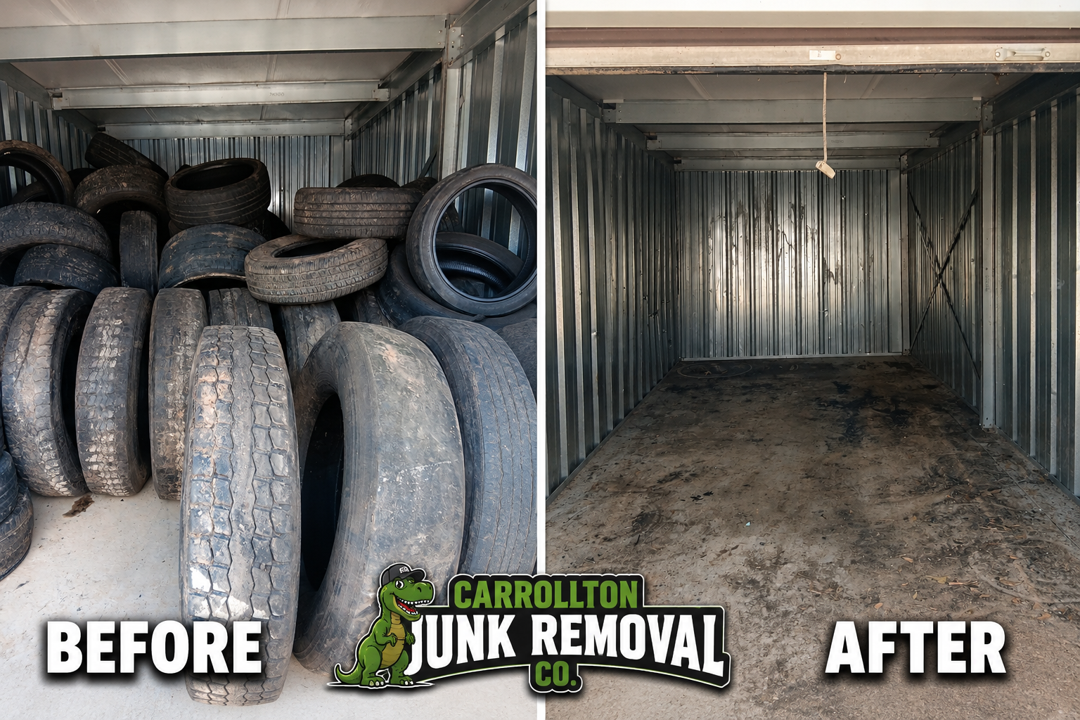 Before and after tire removal cleanup completed by Carrollton Junk Removal Co.